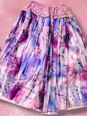 Whimsy Fairycore Floral Pleated Midi Skirt in Pink & Purple Size Large